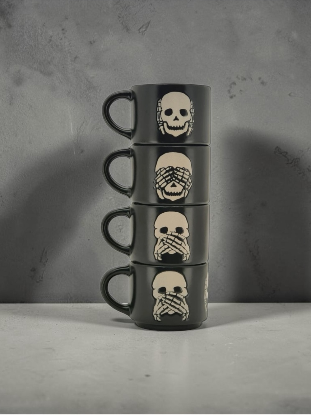 Stackable Black Skull Espresso 4 OZ Mugs - Set of 4